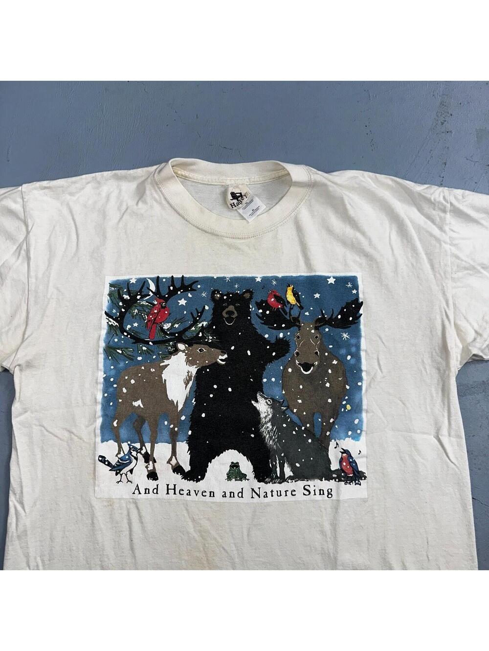 Animals Bear Moose Deer VTG T Shirt Heaven Nature Sing Family Christmas Hatley